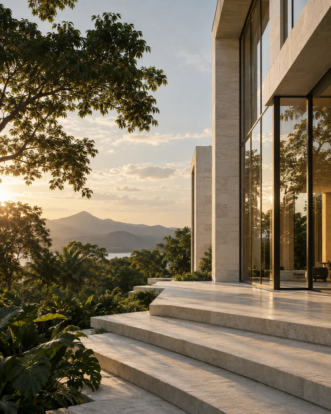 Arquitectura contemporánea entre vegetación y montañas, una imagen conceptual de precisión y crecimiento.